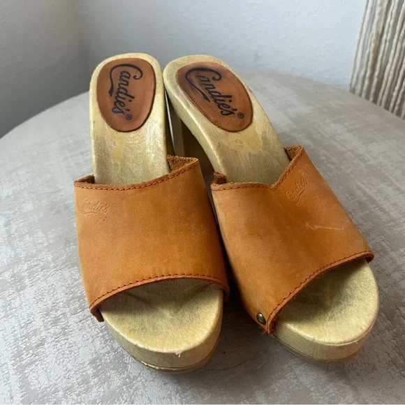 Candie's Demi Tan/Orange Leather Mules, Vintage, US 7 - Picture 2 of 5